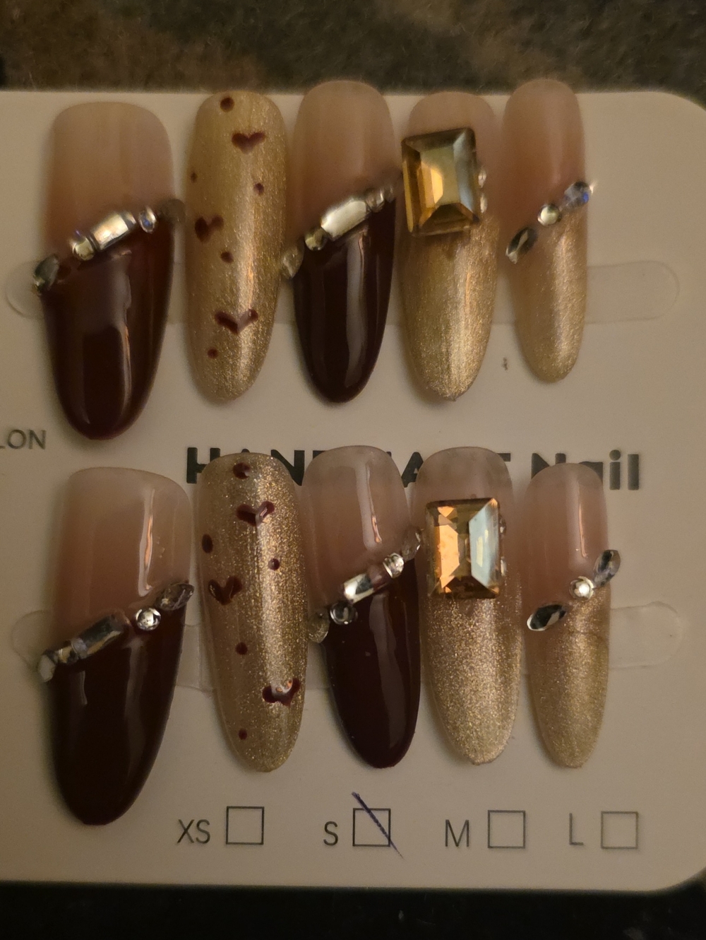 Gold & Deep Burgundy Press-On Nails with Rhinestone Accent Size Small